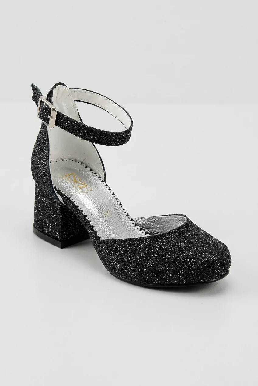 Girls Block Heel Glittery Mary Jane Shoes - OMBRA - Black