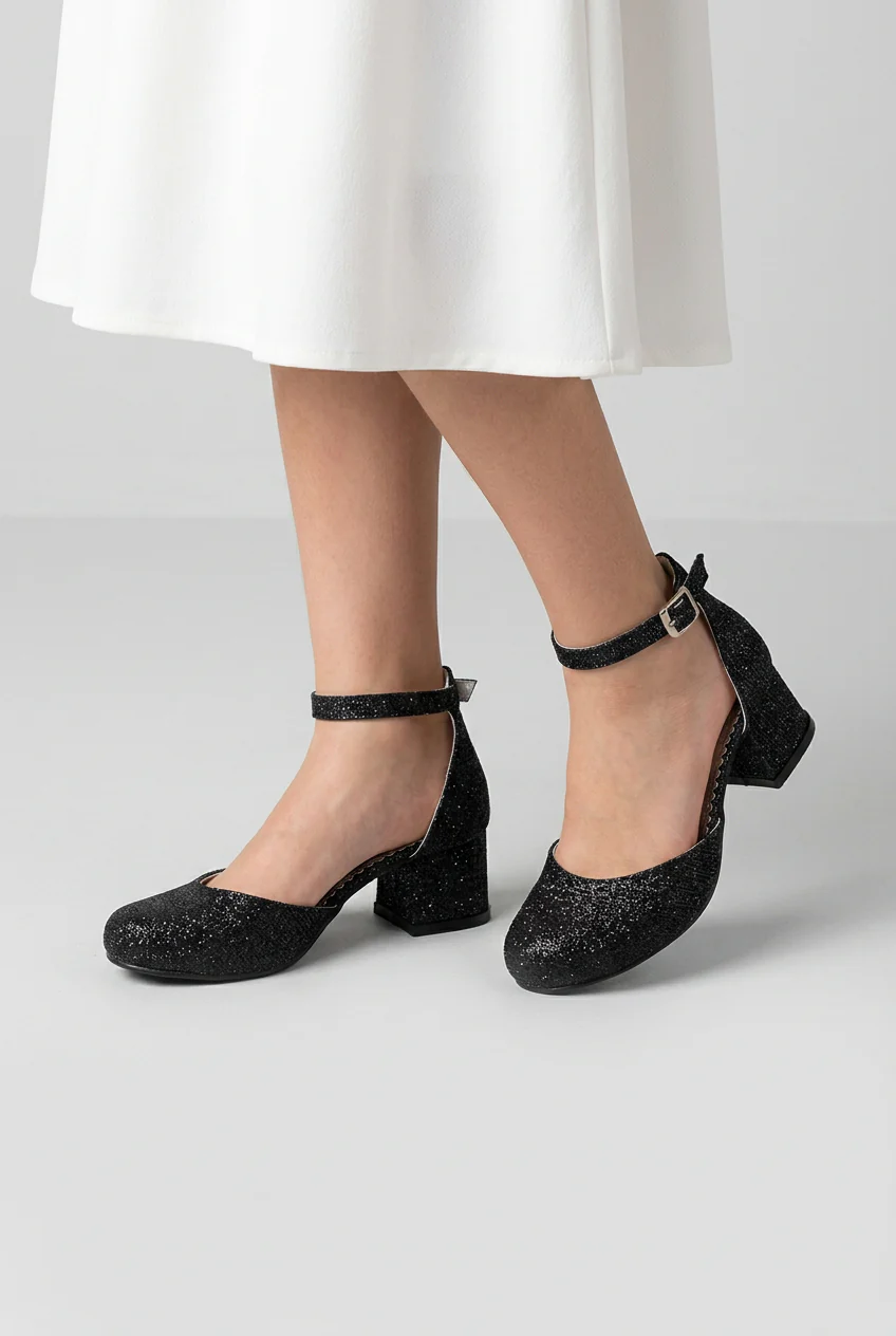 Girls Block Heel Glittery Mary Jane Shoes - OMBRA - Black - Image 4