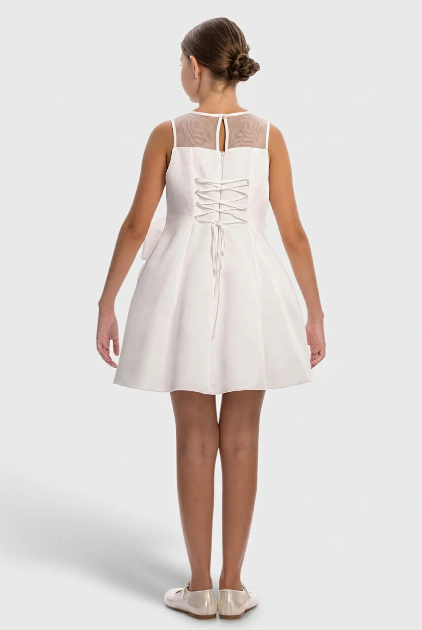 Girls Bow Detail Party Dress with Rose Detailing - Ivory - Image 3