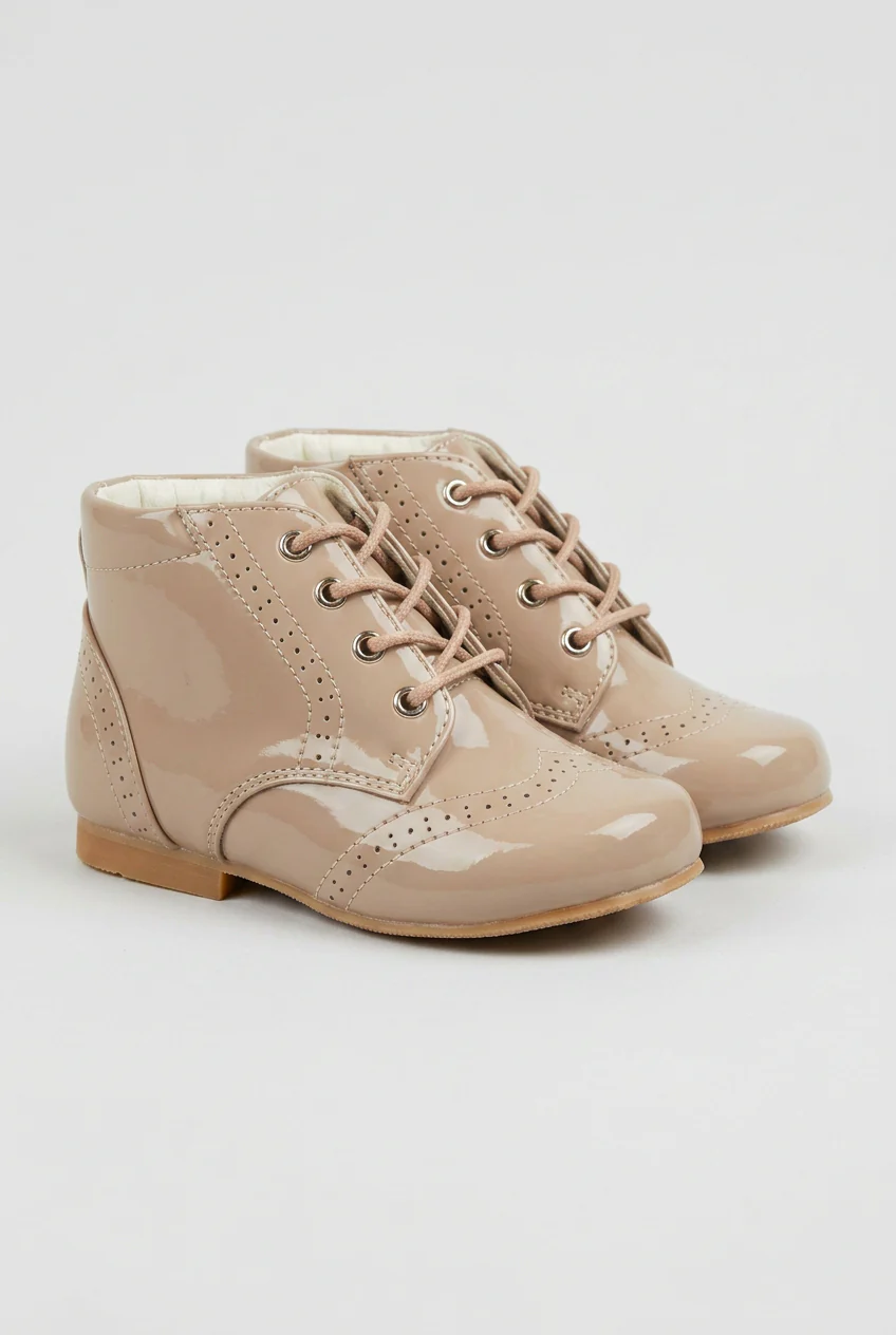 Unisex Kids Patent Leather Brogue Ankle Boots - QUINN - Camel - Image 3
