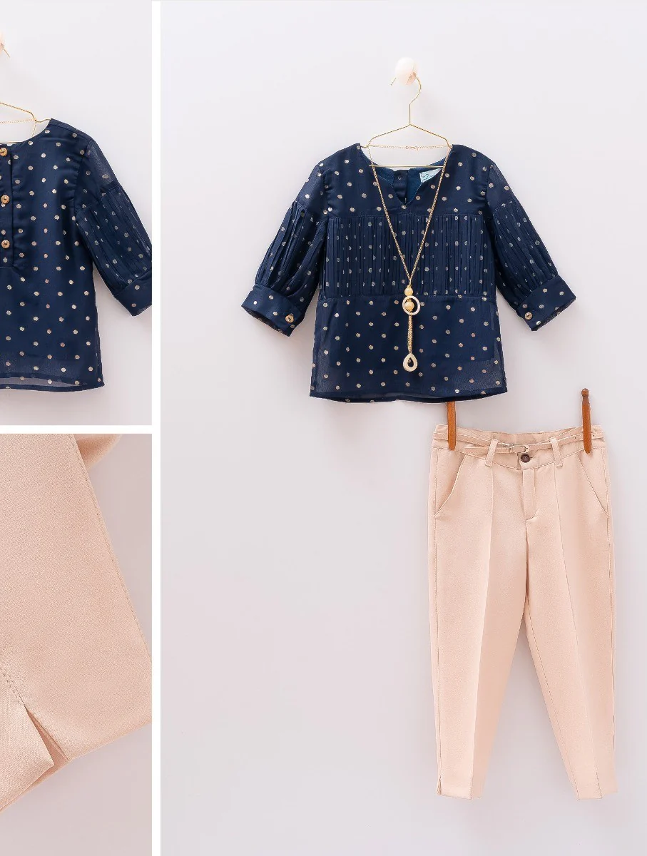 Girls Polka dot Casual Navy Set - MIALIA - Navy Blue - Beige - Image 3