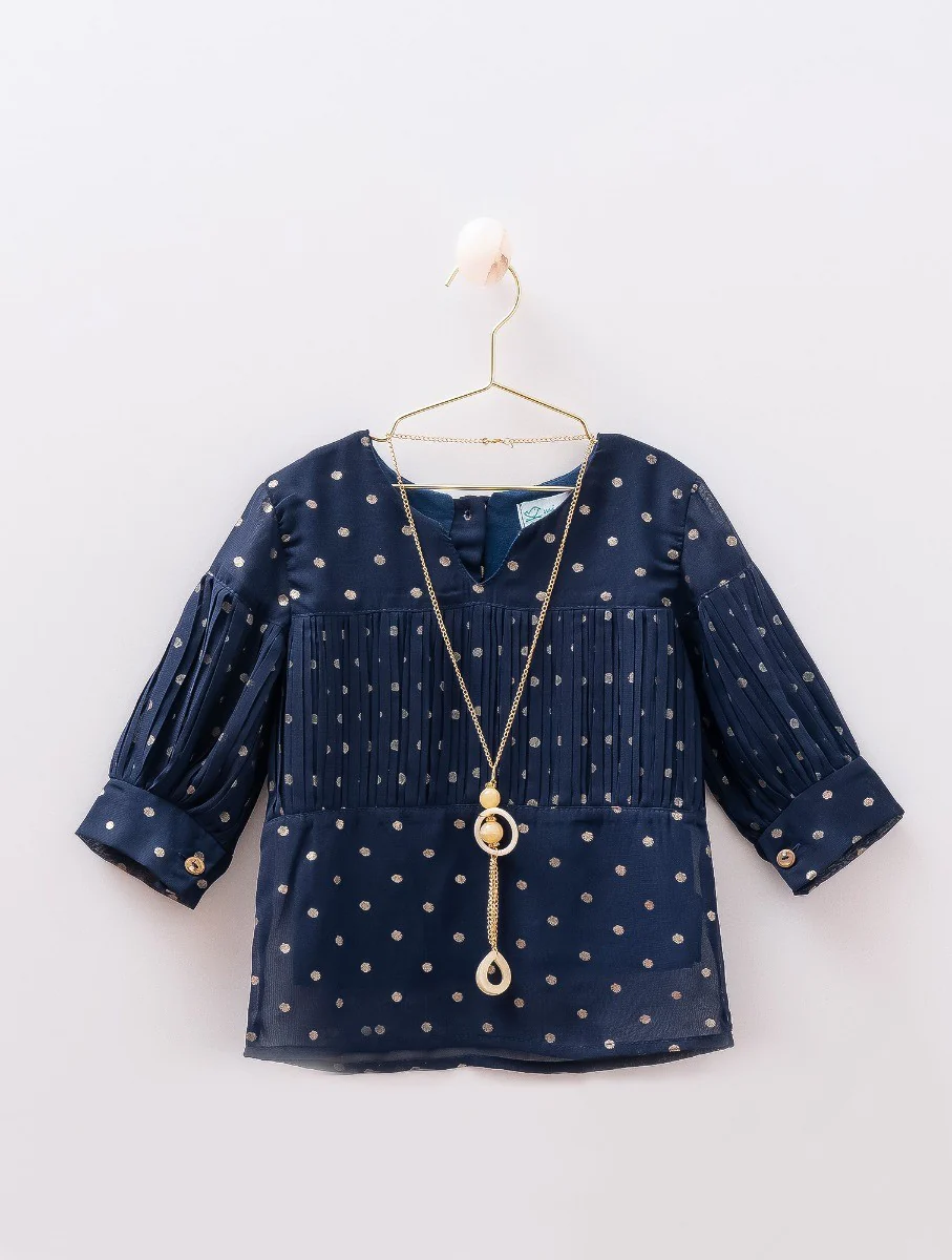 Girls Polka dot Casual Navy Set - MIALIA - Navy Blue - Beige - Image 4
