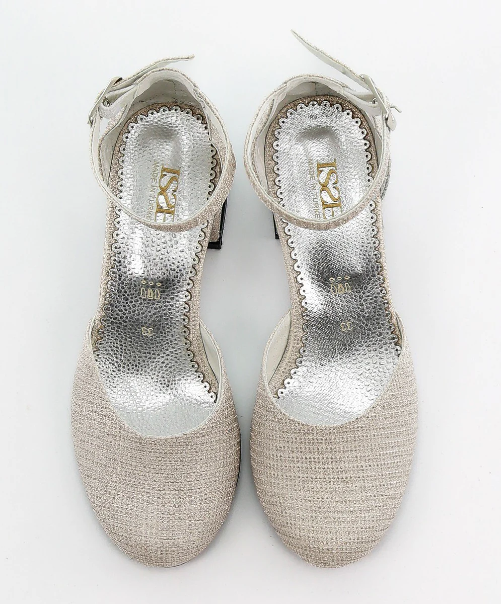 Girls Communion Block Heel Ankle Strap Dress Shoes - Cream - Gold - Image 3
