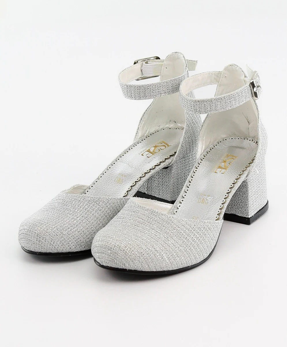 Girls Communion Block Heel Ankle Strap Dress Shoes - Silver - Image 2