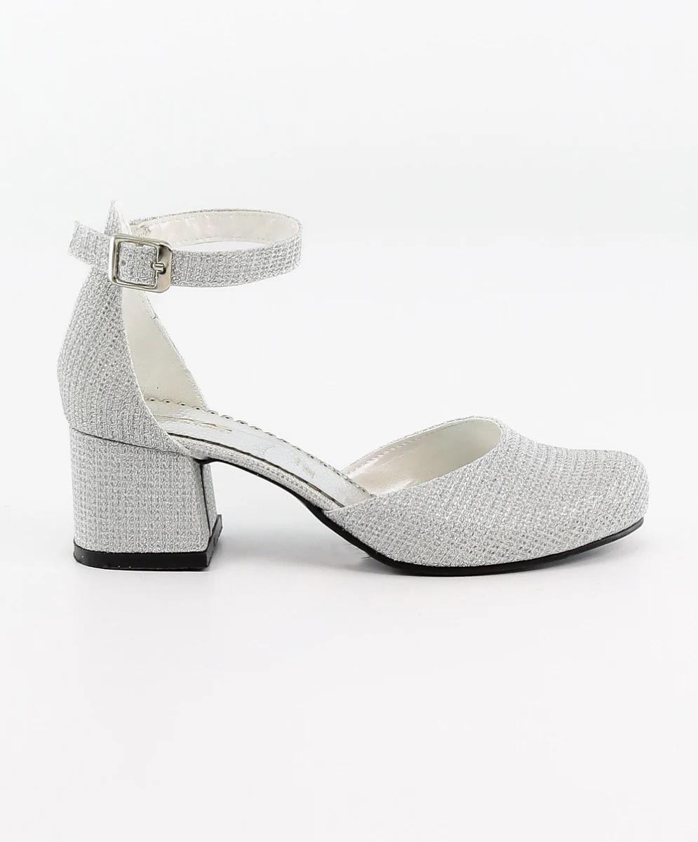 Girls Communion Block Heel Ankle Strap Dress Shoes - Silver - Image 5