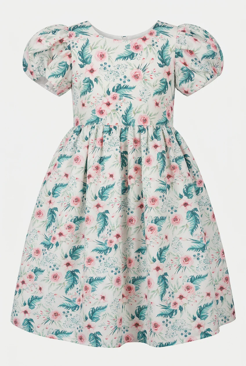 Girls Cotton Blend Green Floral Occasion Dress - Image 3