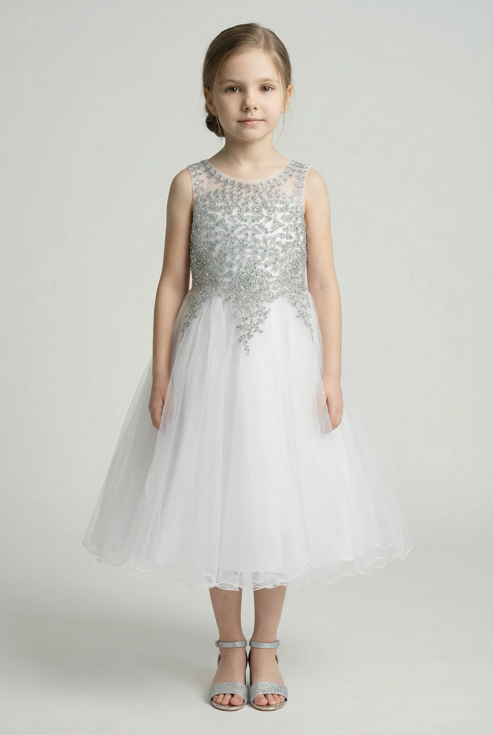 Girls Embroidered Tulle Dress with Illusion Neck - Linzi - White & Silver