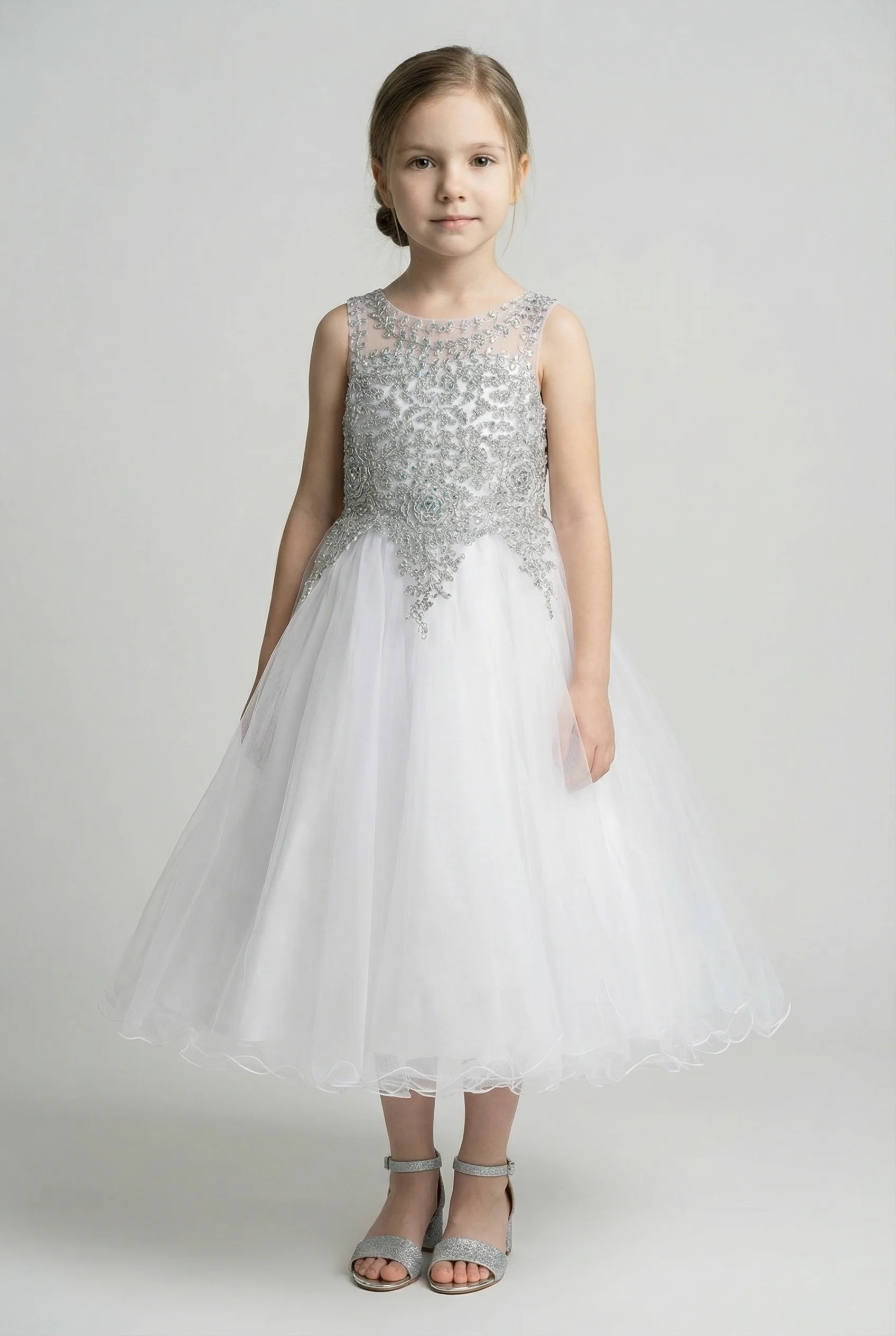 Girls Embroidered Tulle Dress with Illusion Neck - Linzi - White & Silver - Image 2