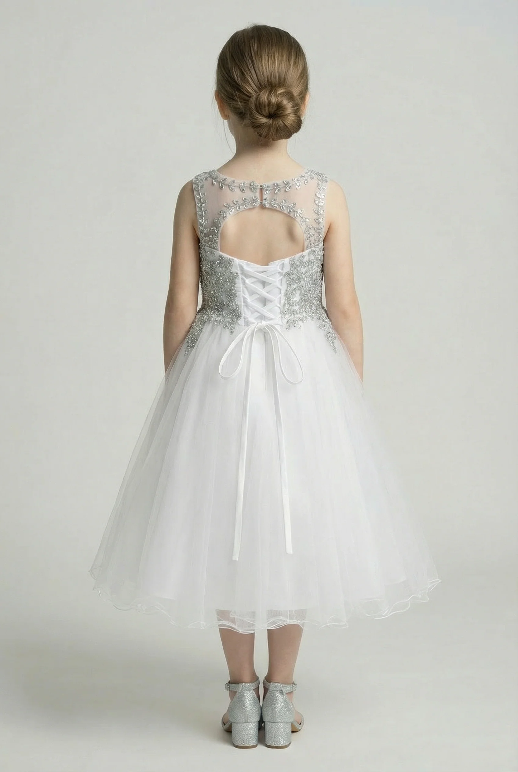 Girls Embroidered Tulle Dress with Illusion Neck - Linzi - White & Silver - Image 5