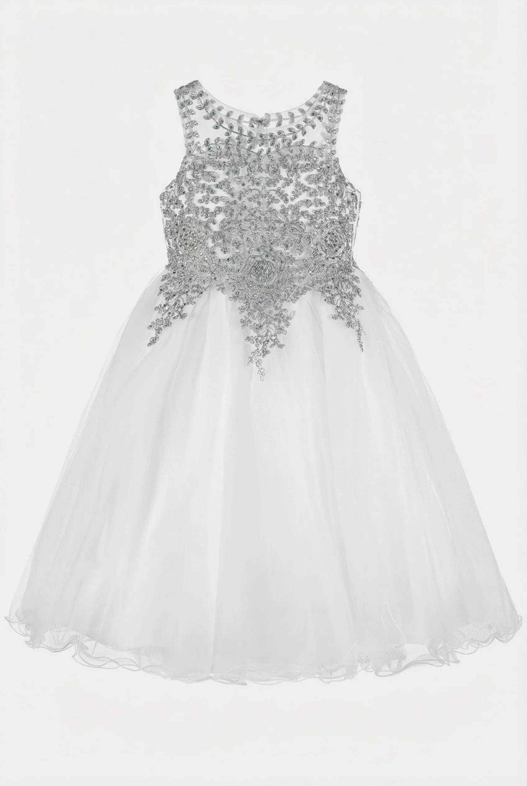 Girls Embroidered Tulle Dress with Illusion Neck - Linzi - White & Silver - Image 6