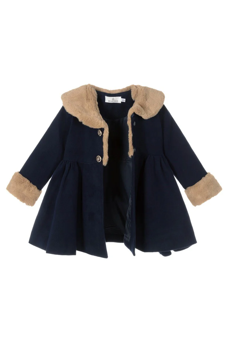 Girls Fur Midi Dress Coat 2 Piece Set - Navy Blue - Image 3