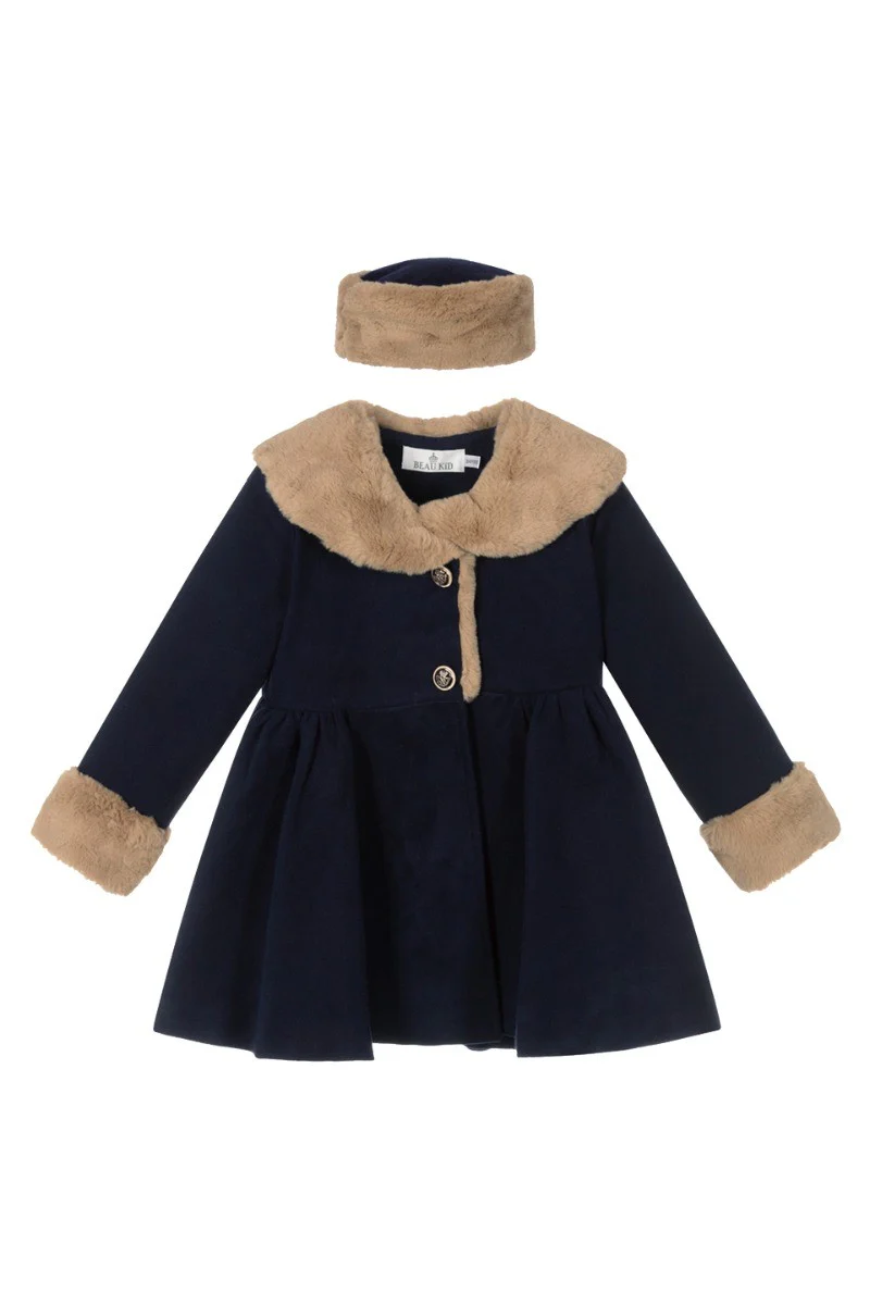 Girls Fur Midi Dress Coat 2 Piece Set - Navy Blue - Image 4