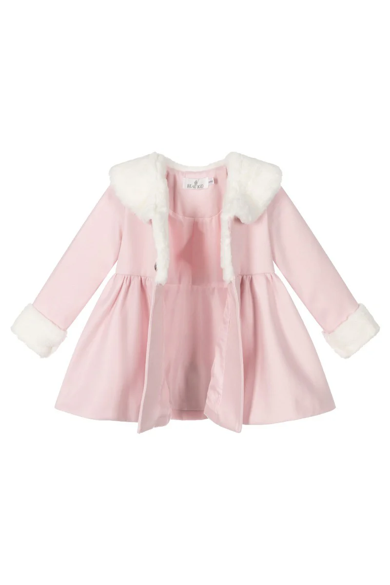 Girls Fur Midi Dress Coat 2 Piece Set - Pink - Image 3