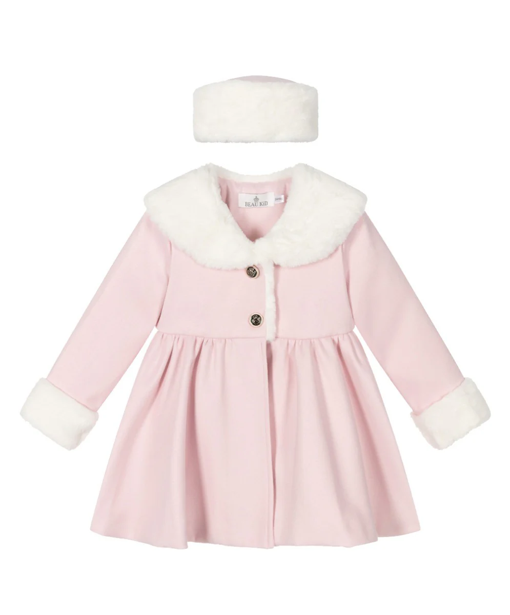 Girls Fur Midi Dress Coat 2 Piece Set - Pink - Image 4