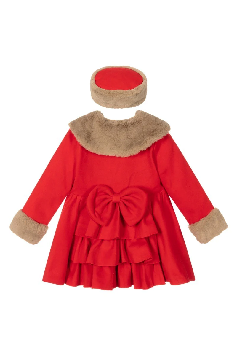 Girls Fur Midi Dress Coat 2 Piece Set - Red - Image 3