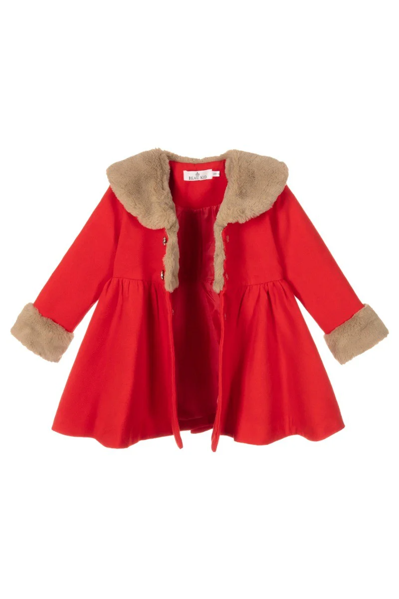 Girls Fur Midi Dress Coat 2 Piece Set - Red - Image 4