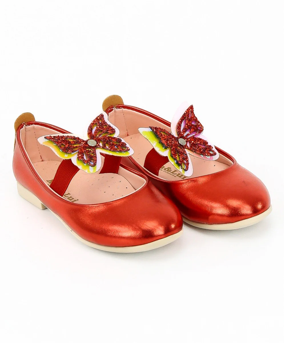 Girls Ballerina Butterfly Strap Flat Dress Shoes - Red - Image 2