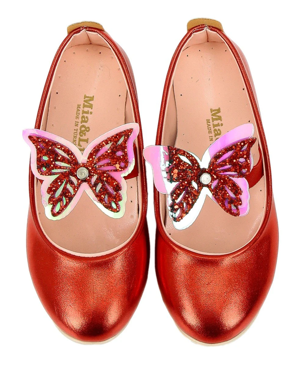 Girls Ballerina Butterfly Strap Flat Dress Shoes - Red - Image 3