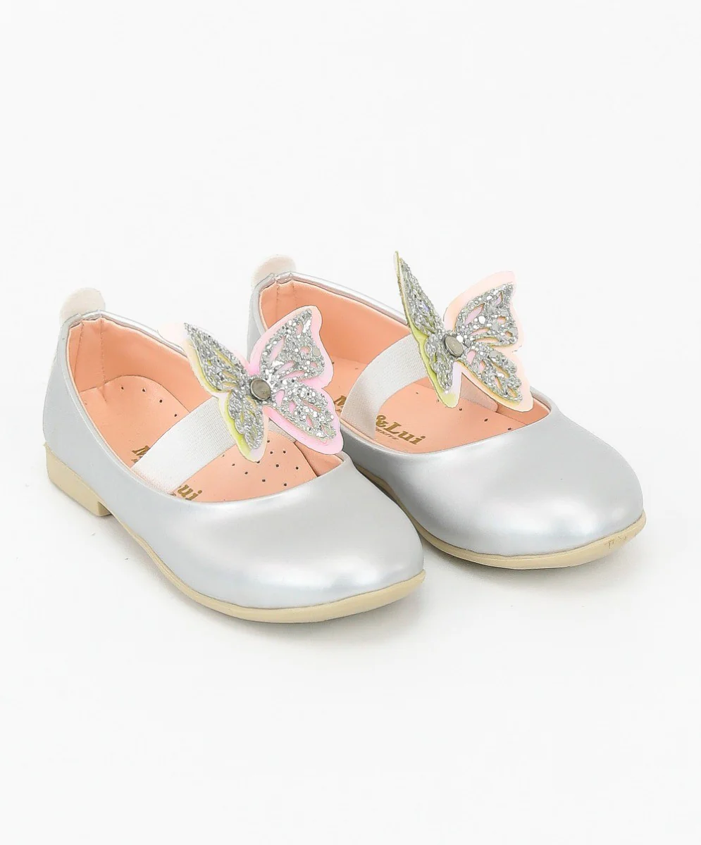 Girls Ballerina Butterfly Strap Flat Dress Shoes - Silver - Image 2