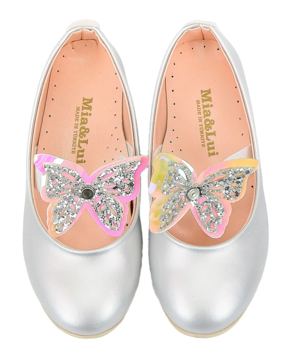 Girls Ballerina Butterfly Strap Flat Dress Shoes - Silver - Image 3