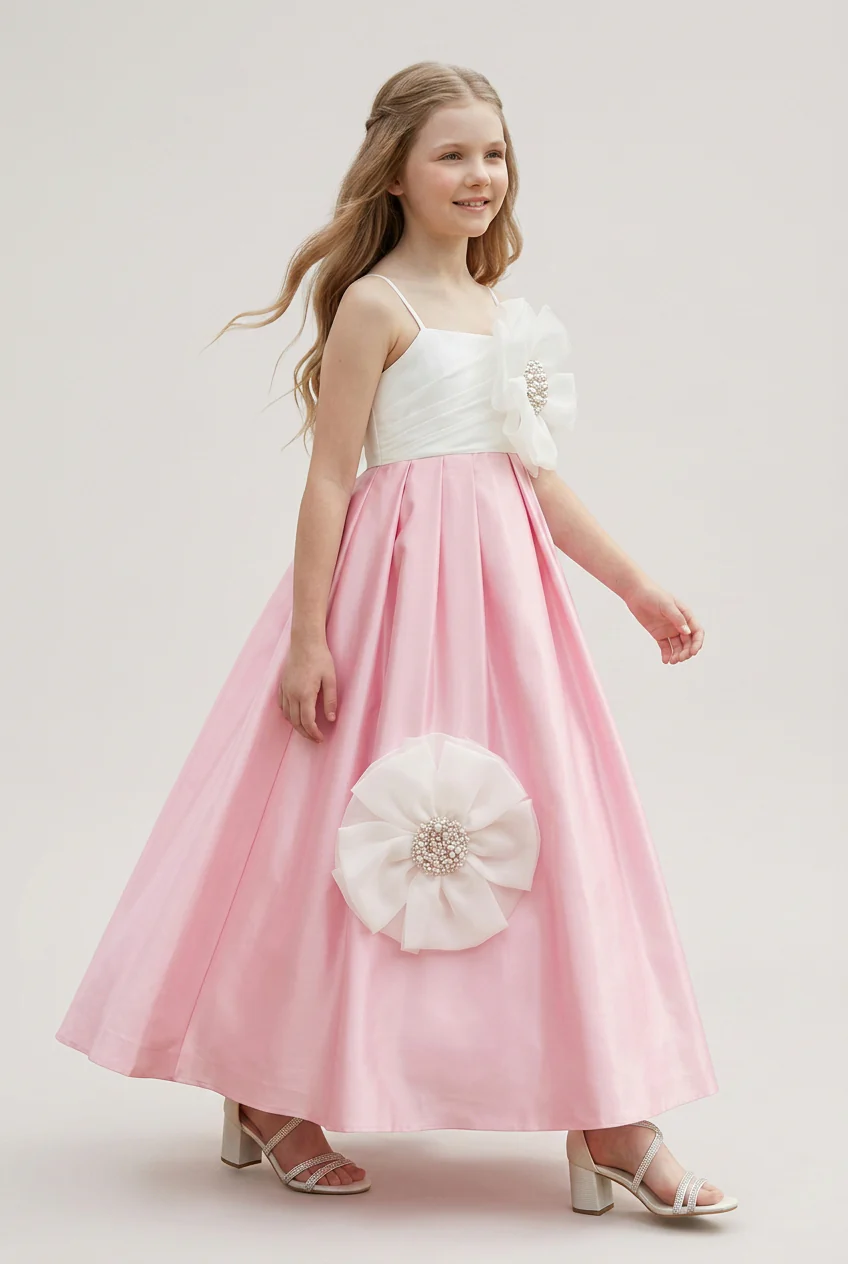 Girls Floral Appliqué Long Satin Occasion Dress - Pink