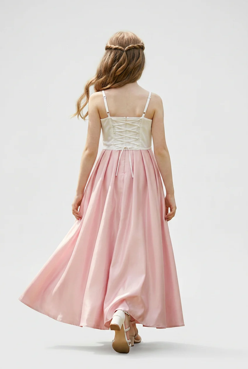 Girls Floral Appliqué Long Satin Occasion Dress - Pink - Image 2