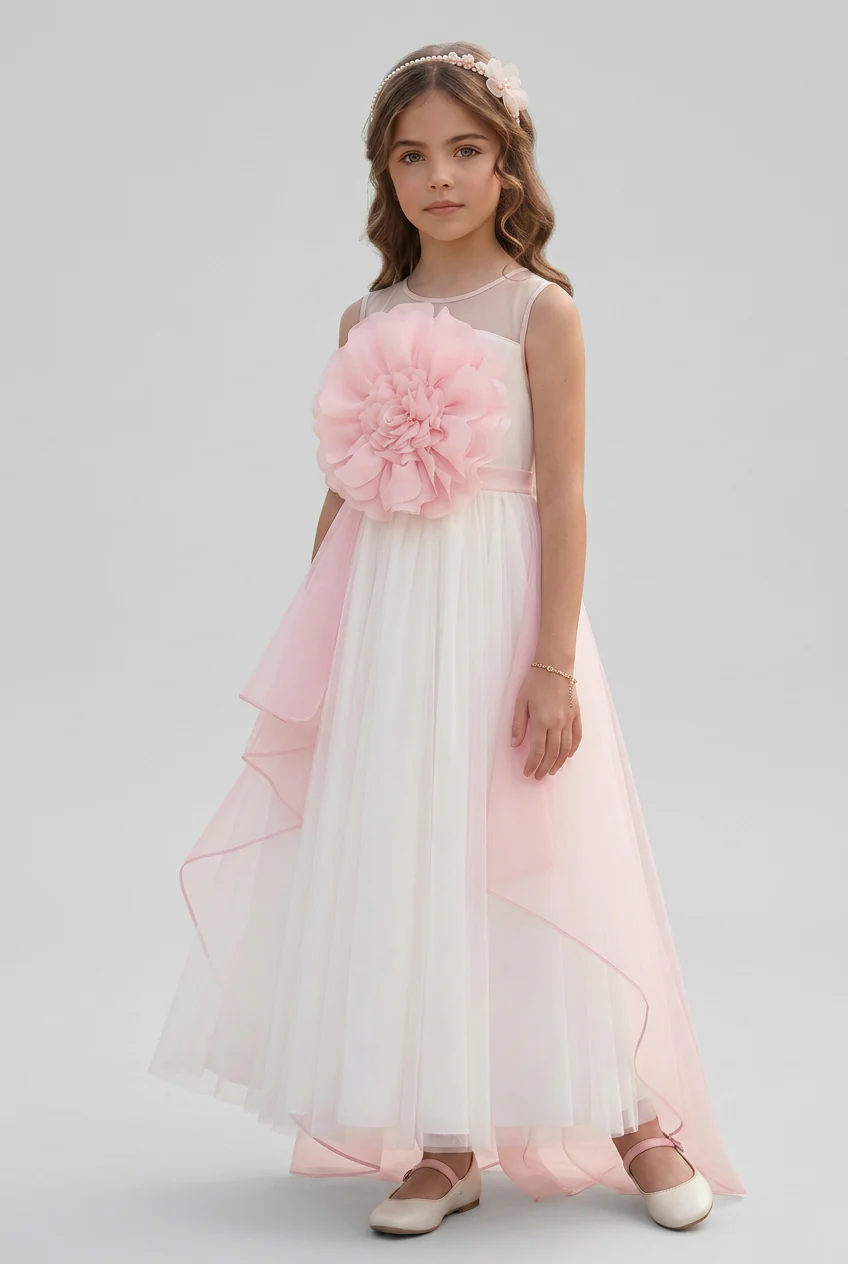 Girls Floral Tulle Maxi Dress with Organza Overlay - Ecru & Pink