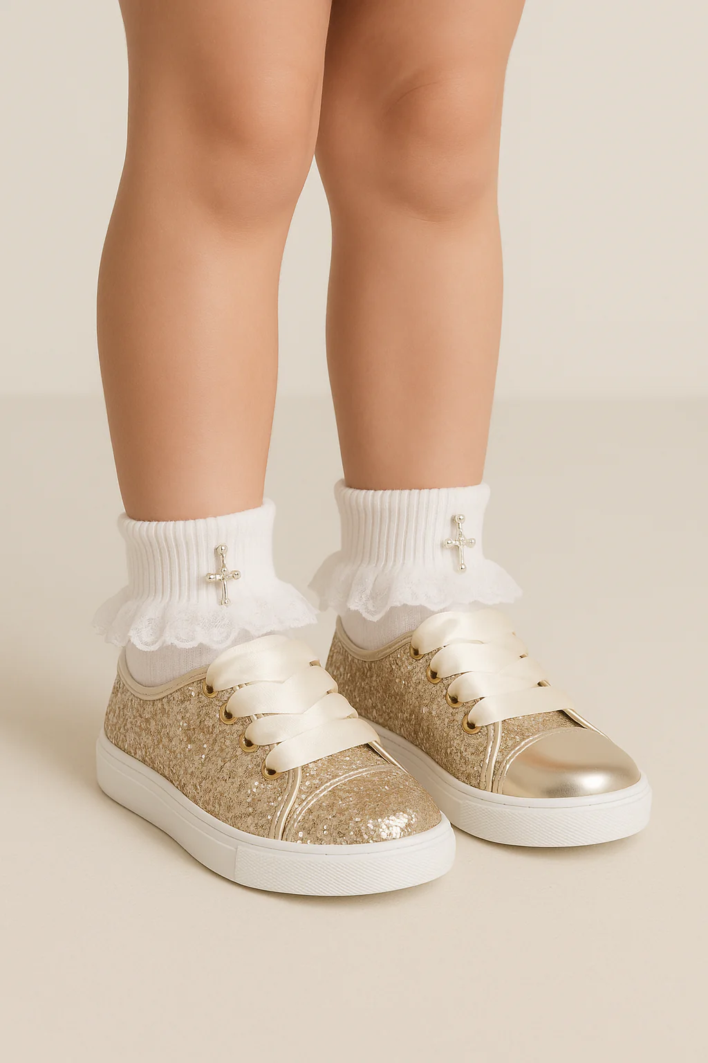 Girls' Glitter Sneakers with Satin Ribbon Laces – TRINITY - Gold - Image 4