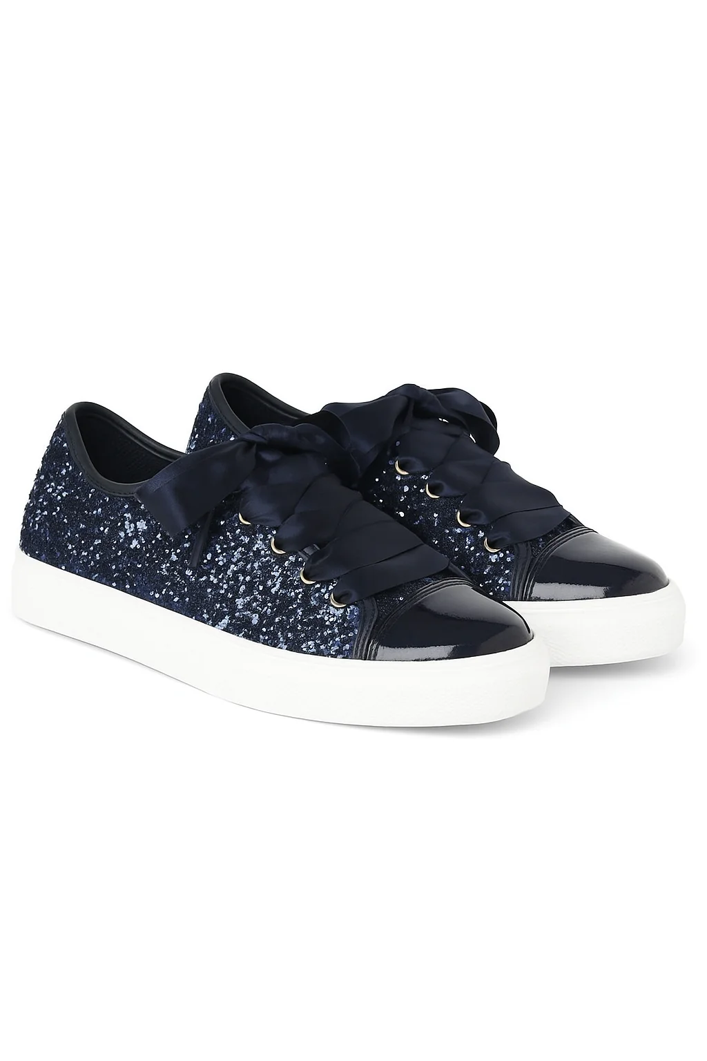Girls' Glitter Sneakers with Satin Ribbon Laces – TRINITY - Navy Blue - Image 3