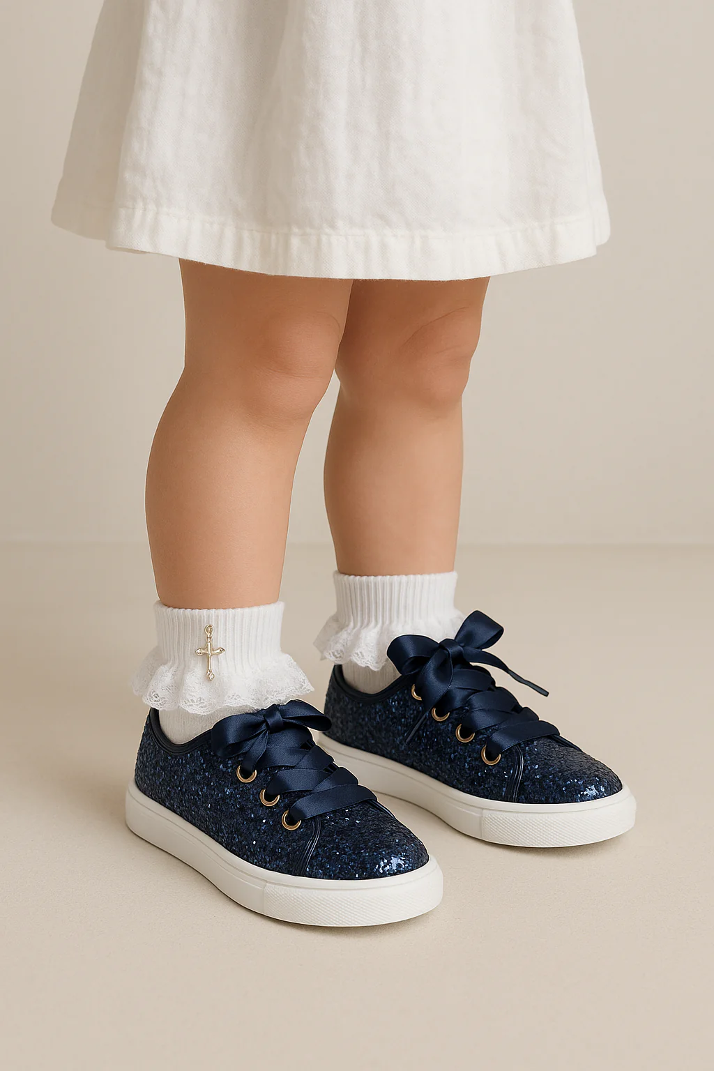 Girls' Glitter Sneakers with Satin Ribbon Laces – TRINITY - Navy Blue - Image 4