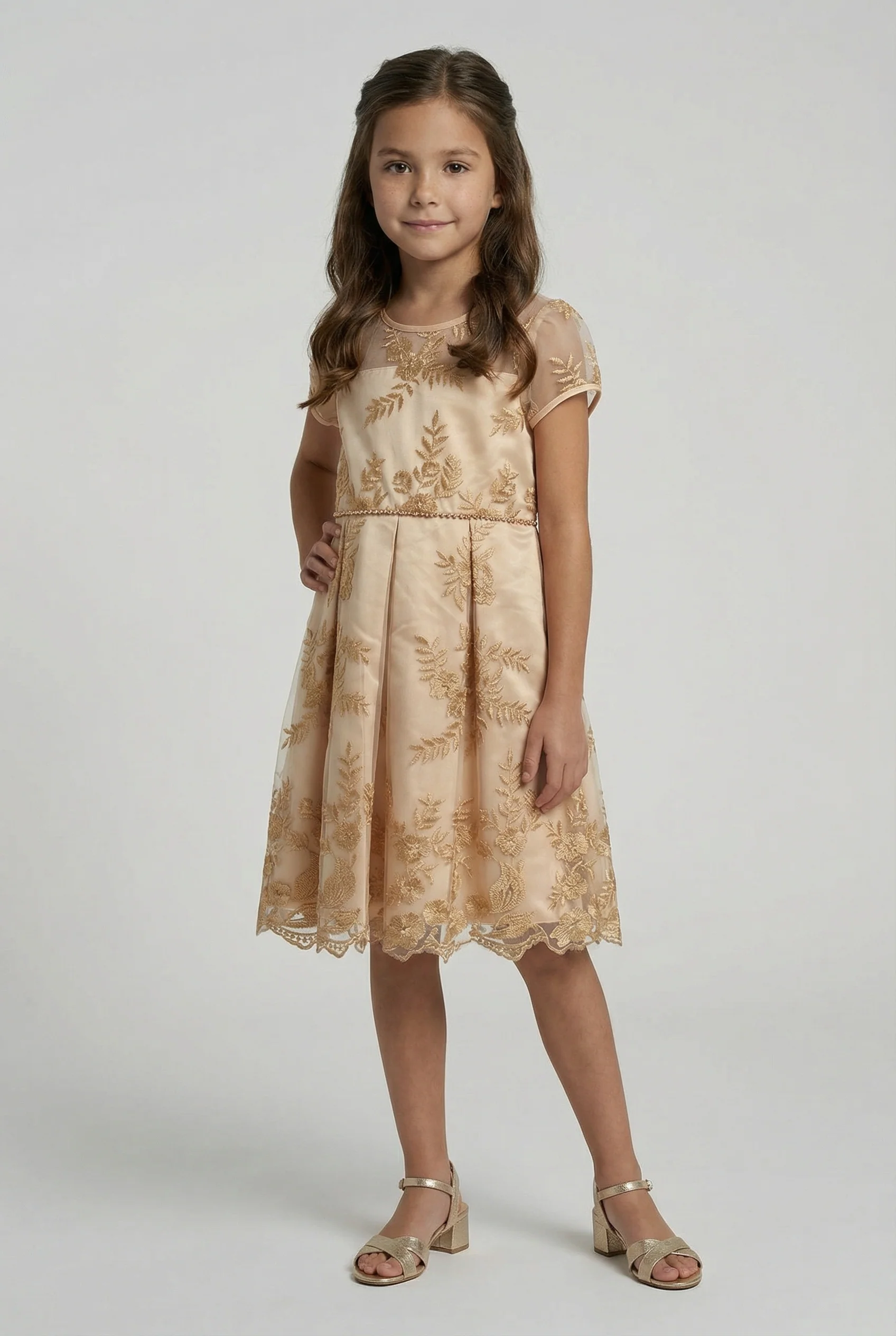 Girls Gold Embroidered Dress with Back Bow - Ava Gold