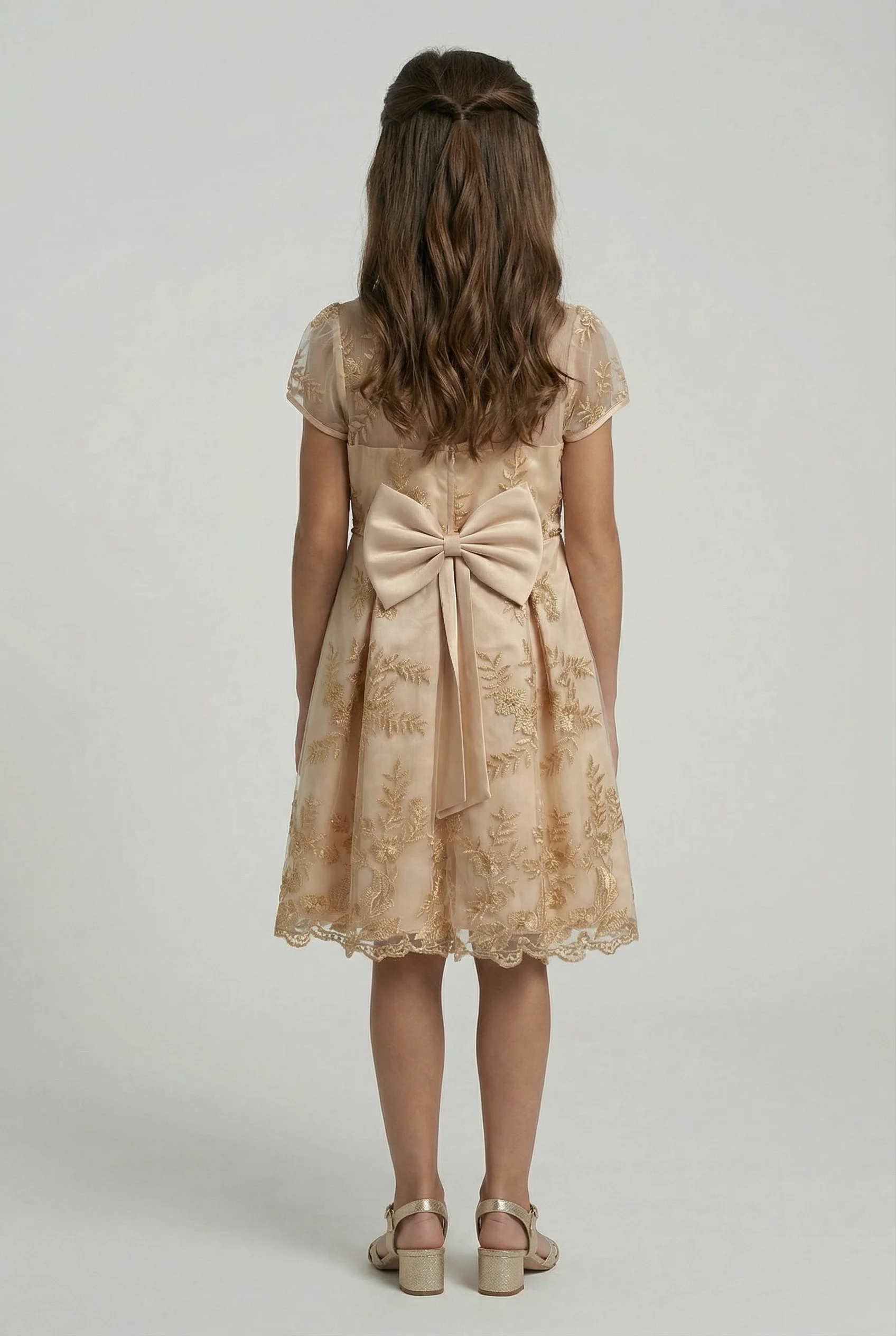 Girls Gold Embroidered Dress with Back Bow - Ava Gold - Image 2