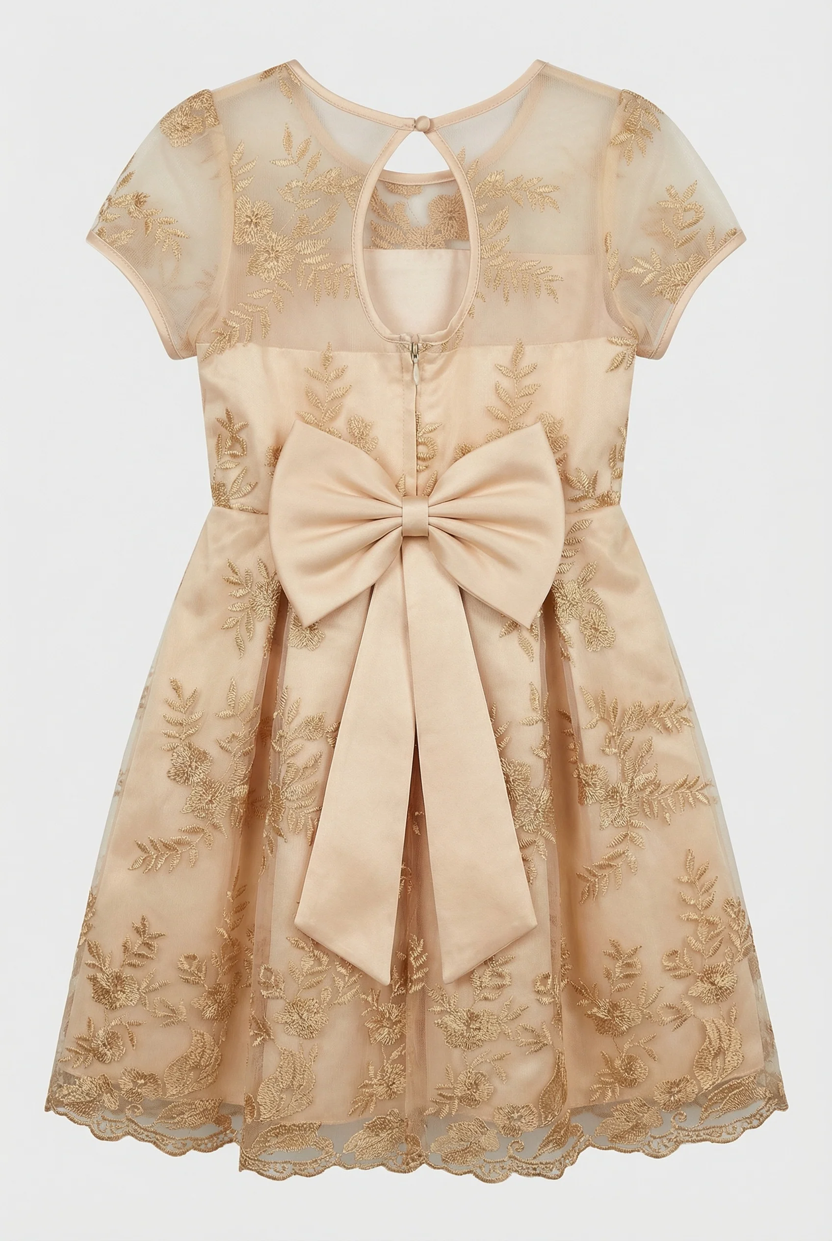 Girls Gold Embroidered Dress with Back Bow - Ava Gold - Image 4