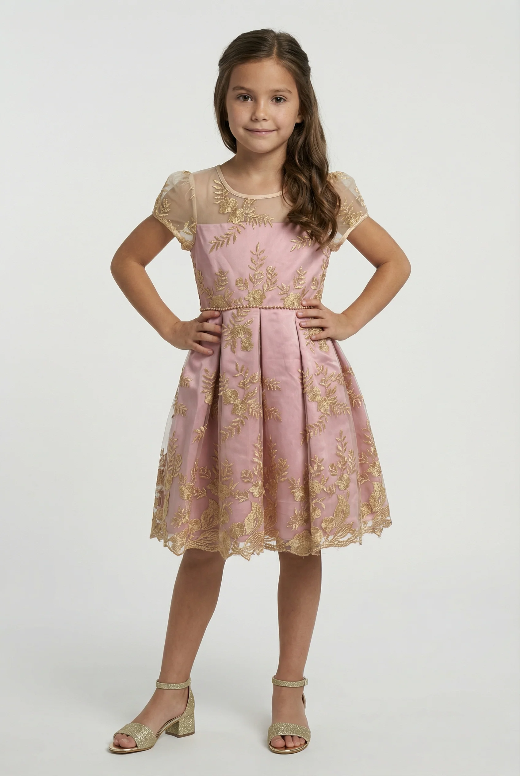 Girls Gold Embroidered Dress with Back Bow - Ava Pink