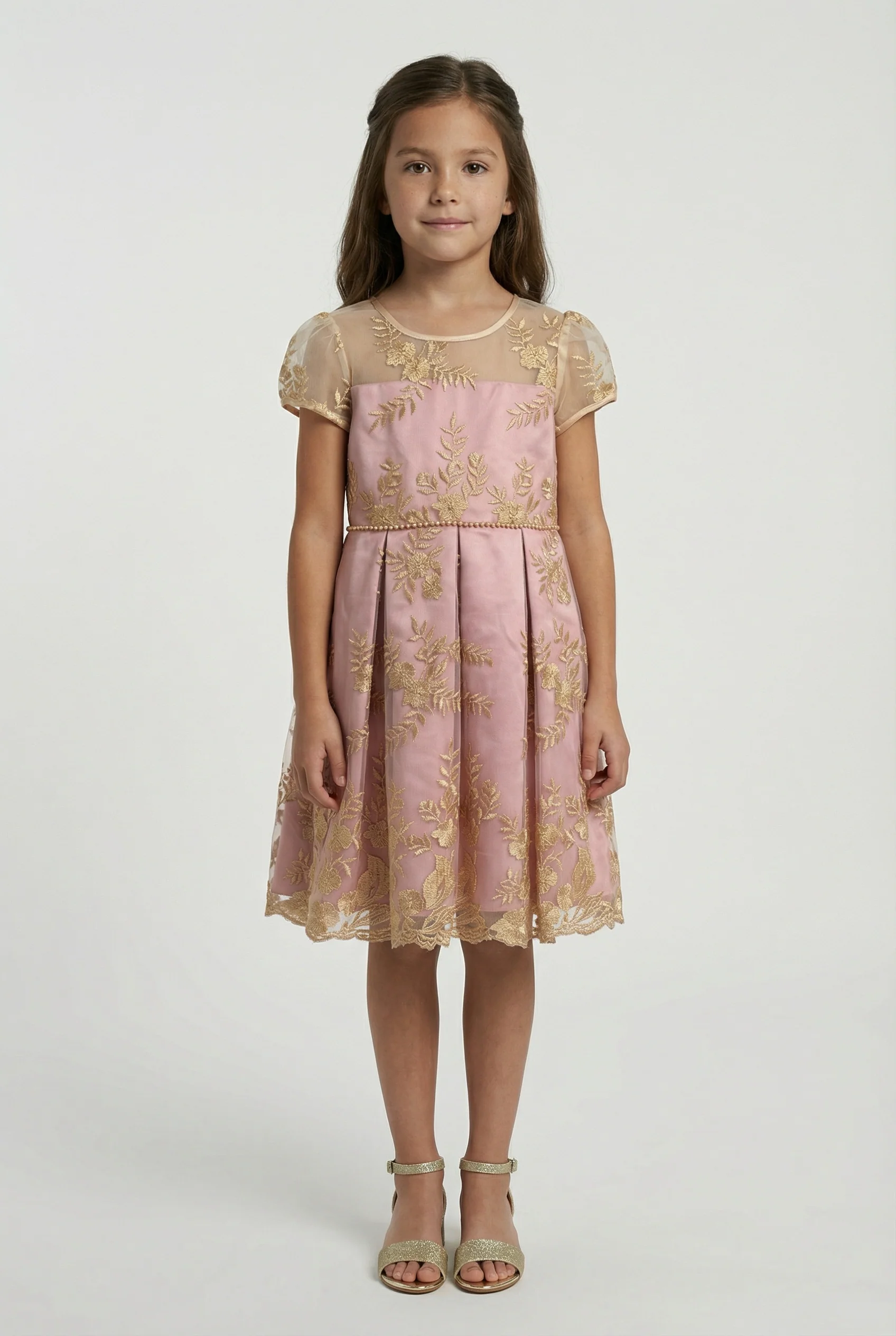 Girls Gold Embroidered Dress with Back Bow - Ava Pink - Image 2