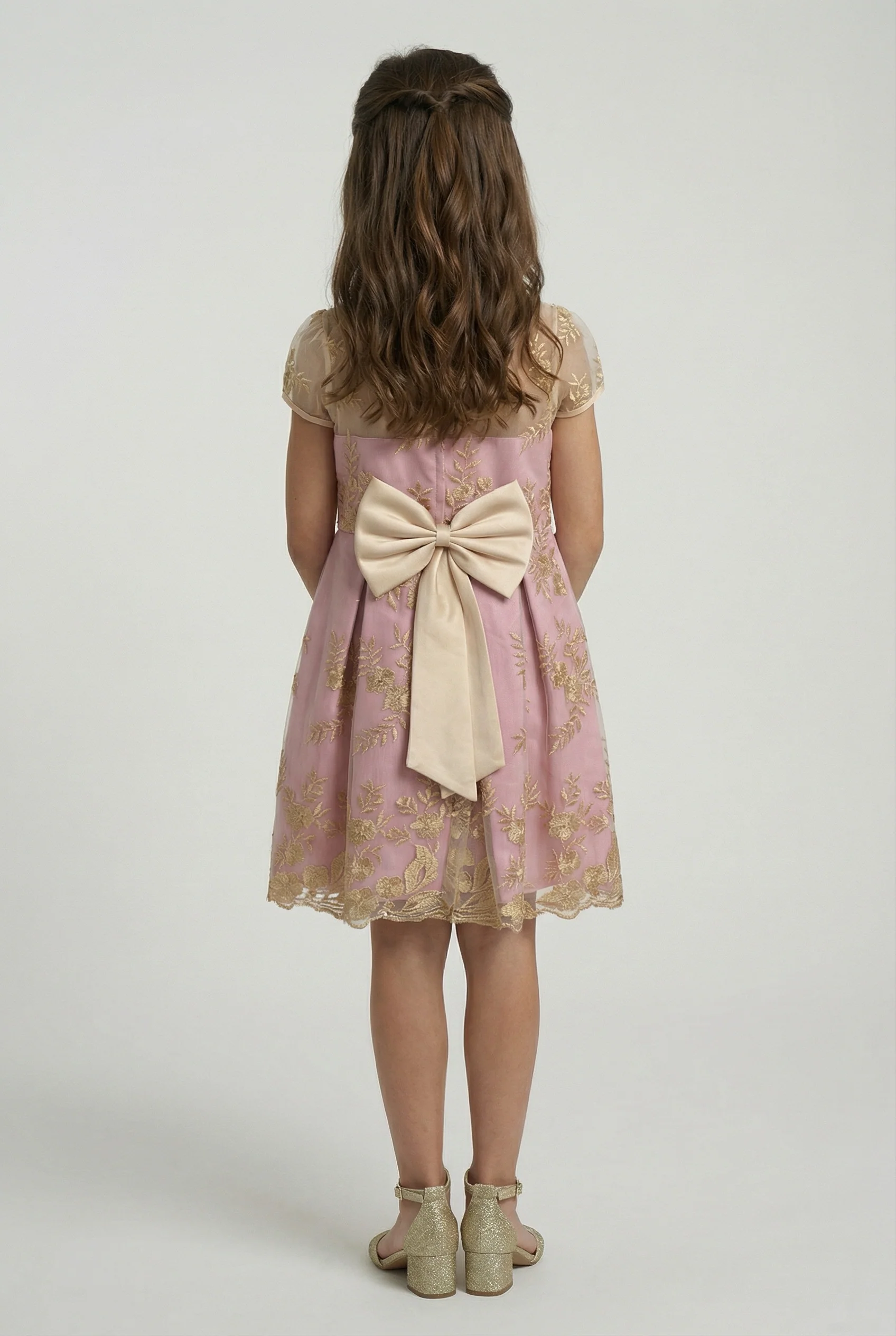 Girls Gold Embroidered Dress with Back Bow - Ava Pink - Image 3