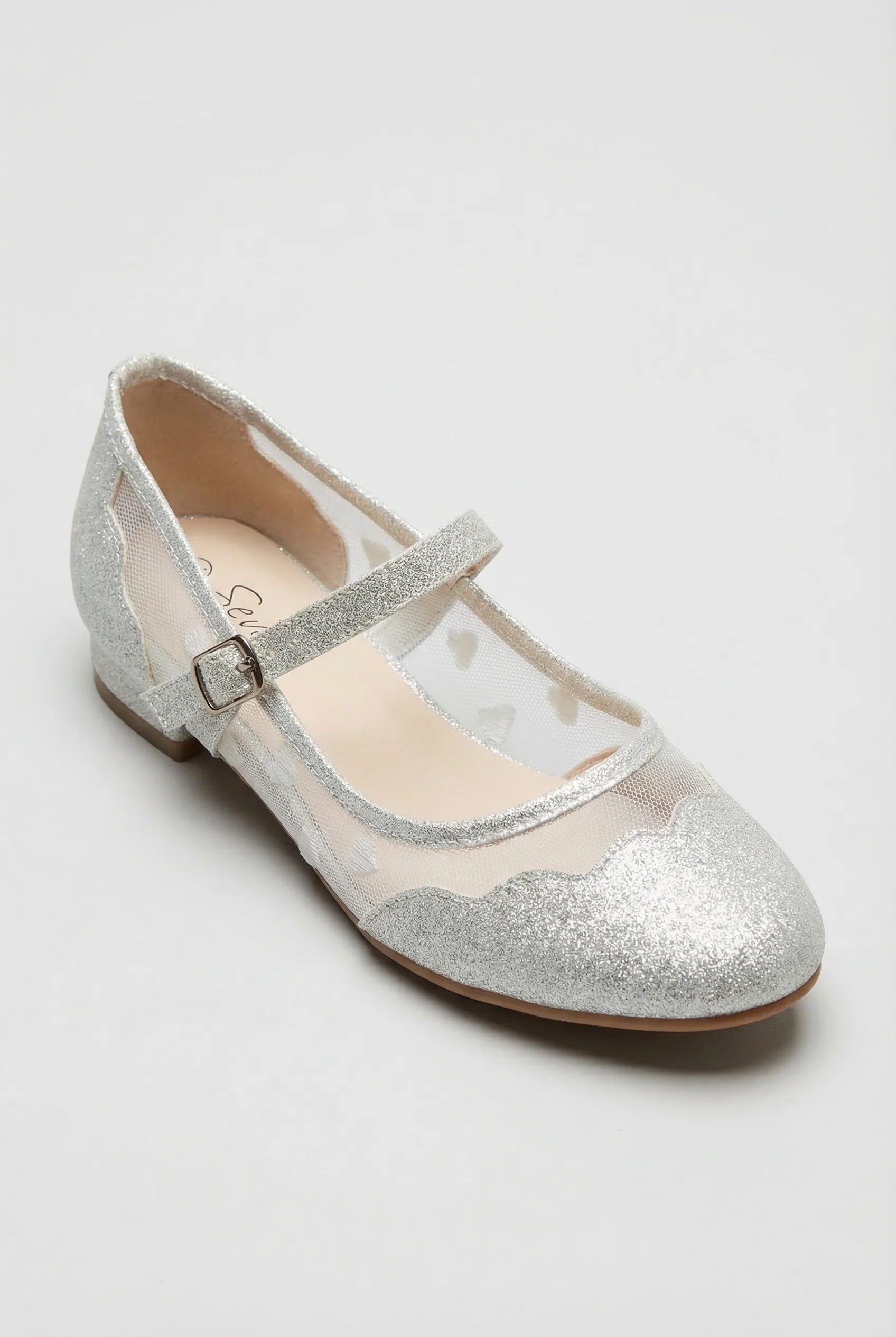 Girls Heart Mesh Mary Jane Flat Shoes - Julianna Off White