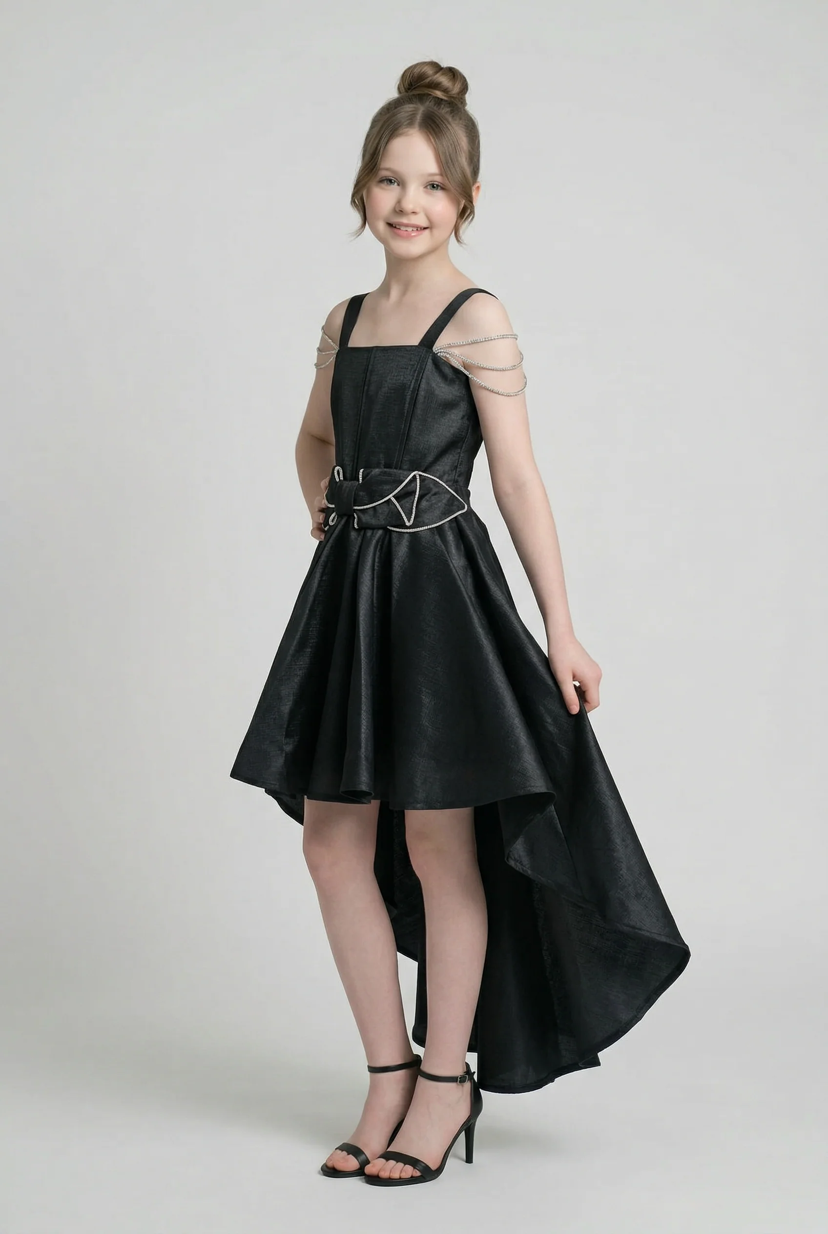Girls High-Low Chiffon Dress with Bow Sash - Black - Image 3