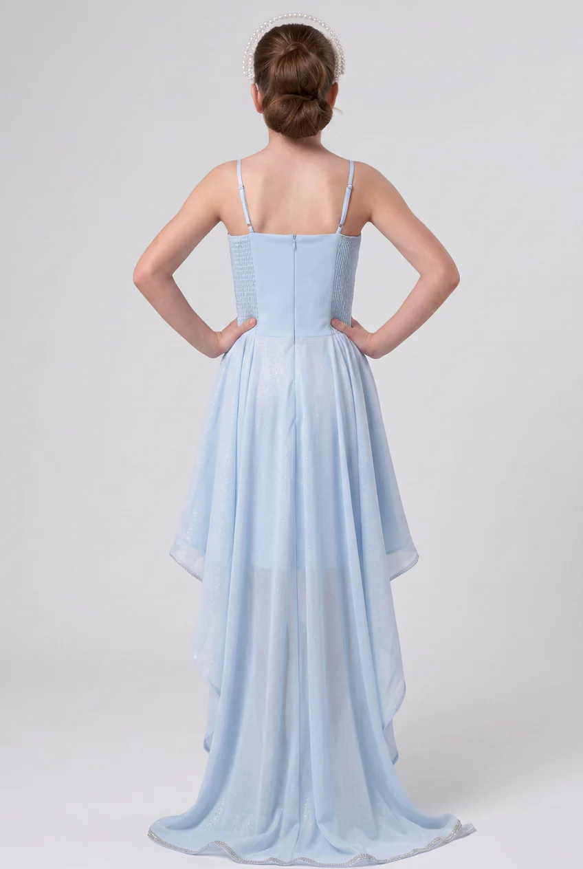 Girls High-Low Chiffon Dress with Crystal Belt - Blue - Image 3