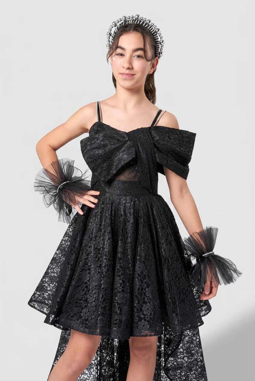 Girls High-Low Lace Dress with Oversized Bow - Black