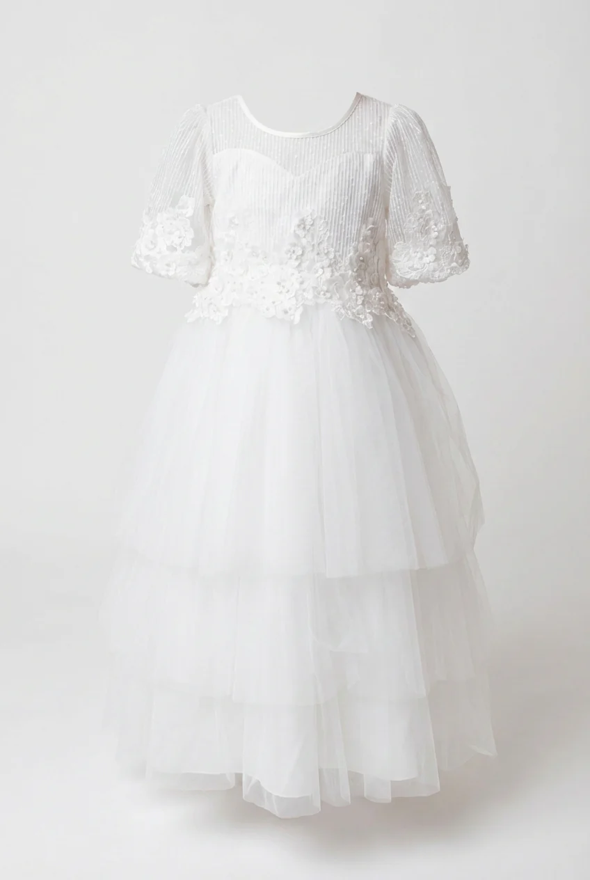 Girls Ivory Communion Dress with Sheer Sleeves & Tulle Skirt - Image 3