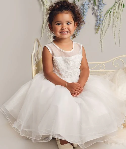 Girls Ivory Floral Appliqué Dress with Glitter Tulle - JESSICA - Ivory - Image 2