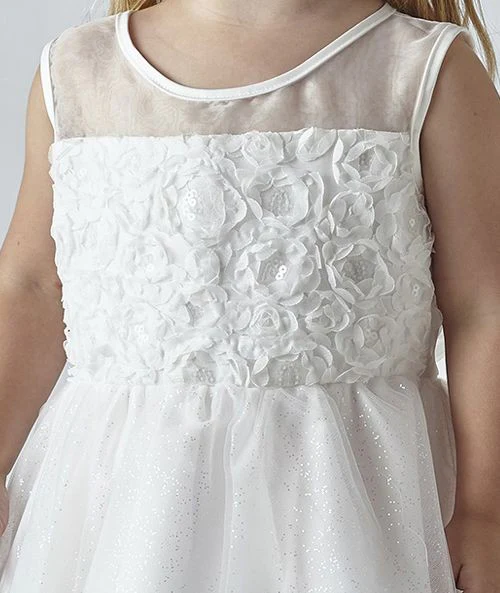 Girls Ivory Floral Appliqué Dress with Glitter Tulle - JESSICA - Ivory - Image 3