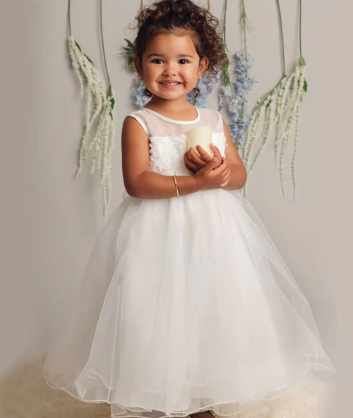 Girls Ivory Floral Appliqué Dress with Glitter Tulle - JESSICA - Ivory - Image 4