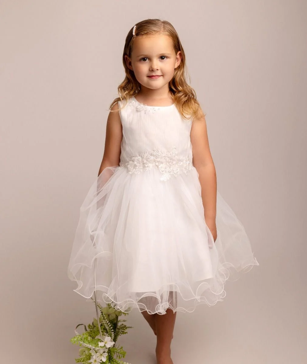 Girls Ivory Floral Appliques Tulle Dress - Monica - Ivory - Image 2