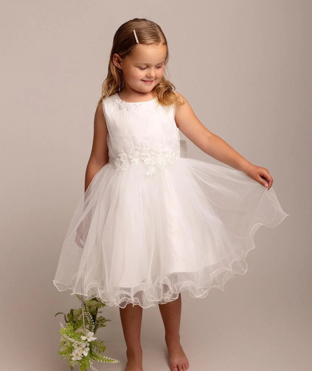 Girls Ivory Floral Appliques Tulle Dress - Monica - Ivory - Image 3