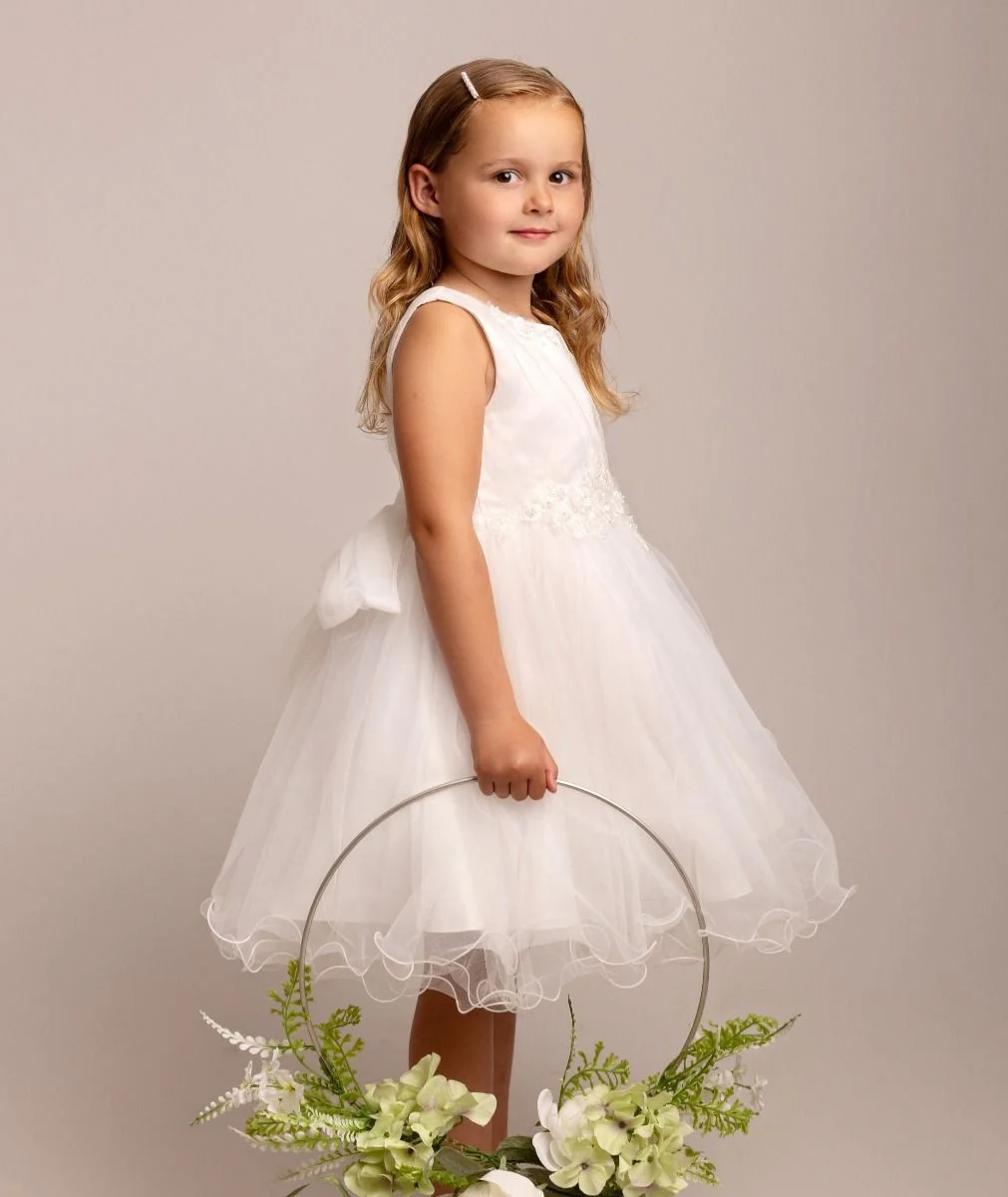 Girls Ivory Floral Appliques Tulle Dress - Monica - Ivory - Image 4