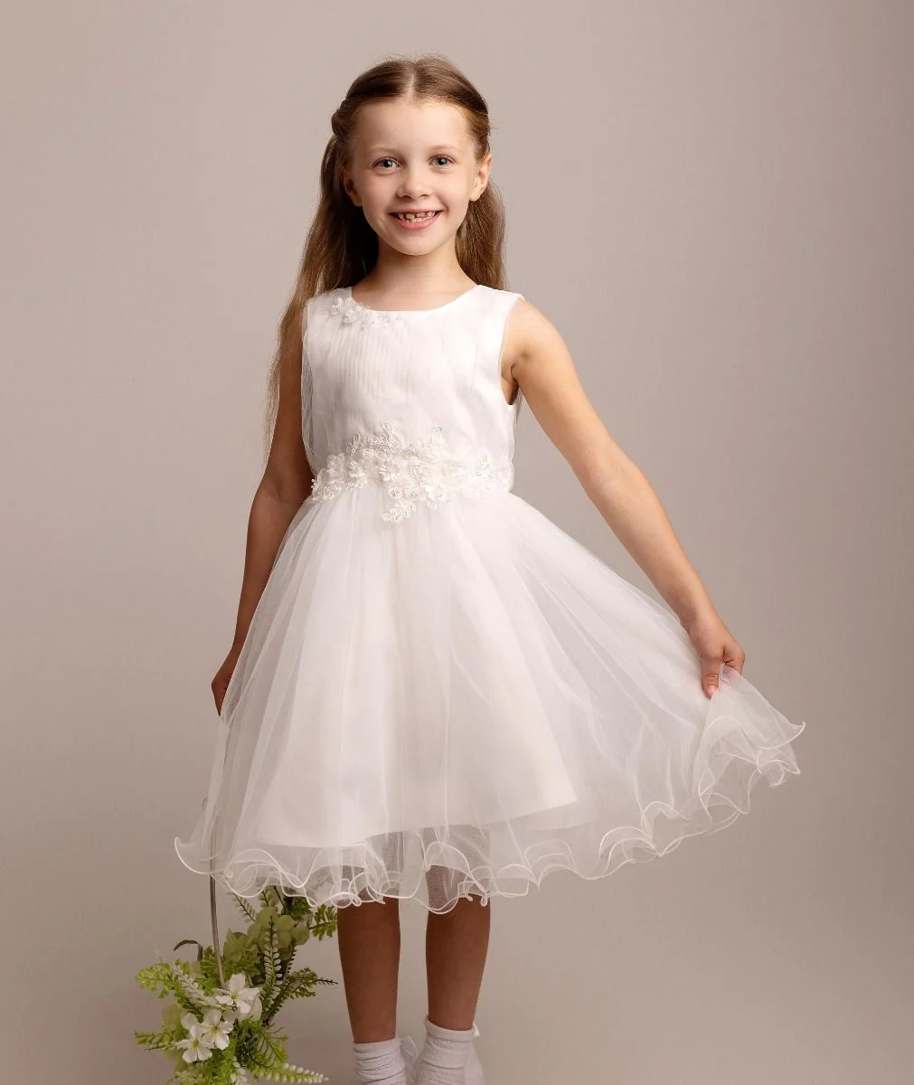Girls Ivory Floral Appliques Tulle Dress - Monica - Ivory - Image 6