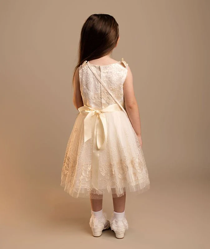 Girls’ Ivory & Gold Floral Embroidery Dress Set - Priscilla - Ivory Gold - Image 2
