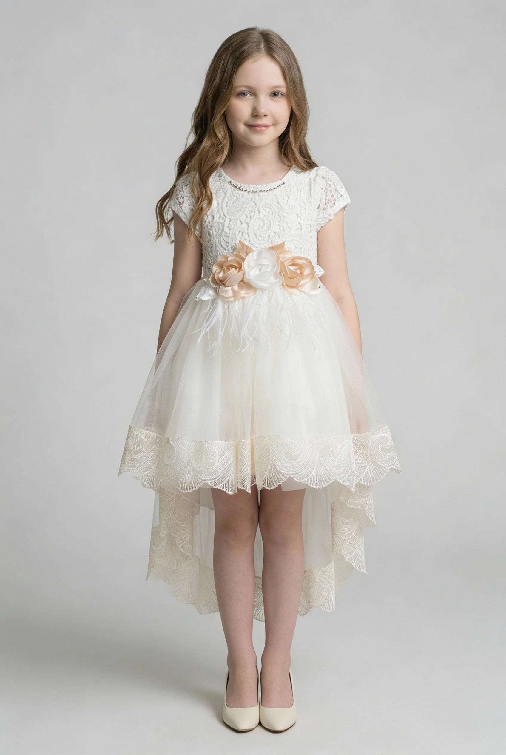 Girls Ivory Lace High-Low Tulle Dress - Image 2